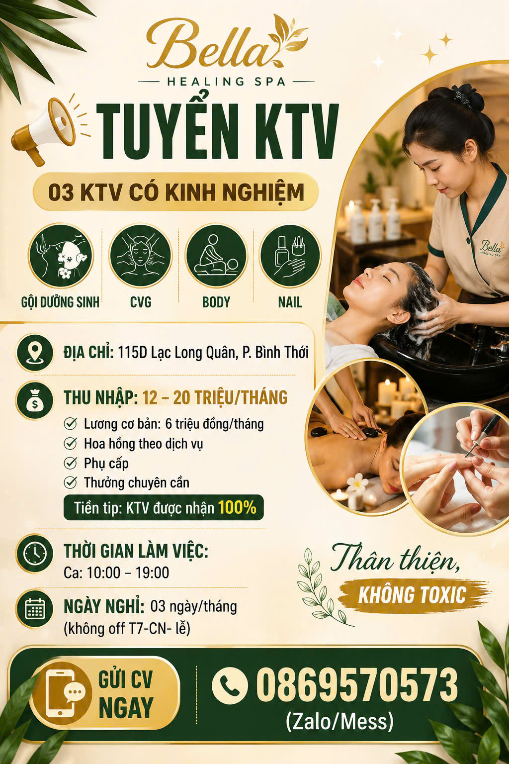 Bella Healing Spa tuyển KTV có kinh nghiệm gội dưỡng sinh, CVG, body, nail