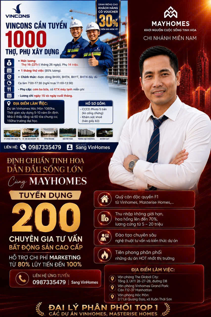 VINCONS CẦN TUYỂN 1000 THỢ, PHỤ XÂY DỰNG+ Mức lương: Thợ 16-22Tr/( tháng 26 ngày). Phụ 14 triệu.
