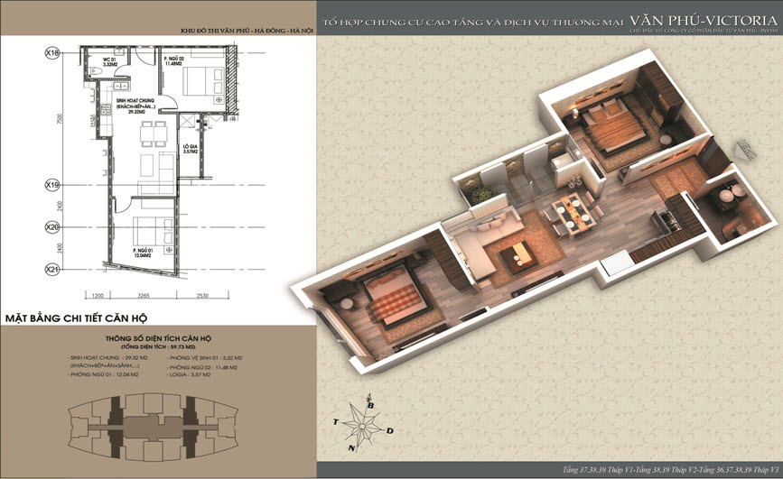 Thiết kế căn hộ 59.73 m2