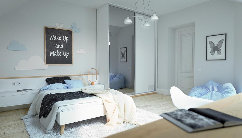Căn phòng xinh xắn này chủ yếu sử dụng những màu dễ chịu như trắng, xanh dương Những mẫu phòng ngủ vô cùng dễ thương dành cho bé gái
