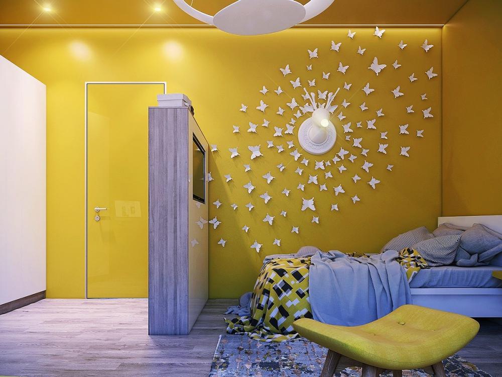 Bức tường màu vàng còn có tác dụng kích thích khả năng sáng tạo của bé Phòng của bé trở lên ấn tượng khi trang trí gam màu vàng