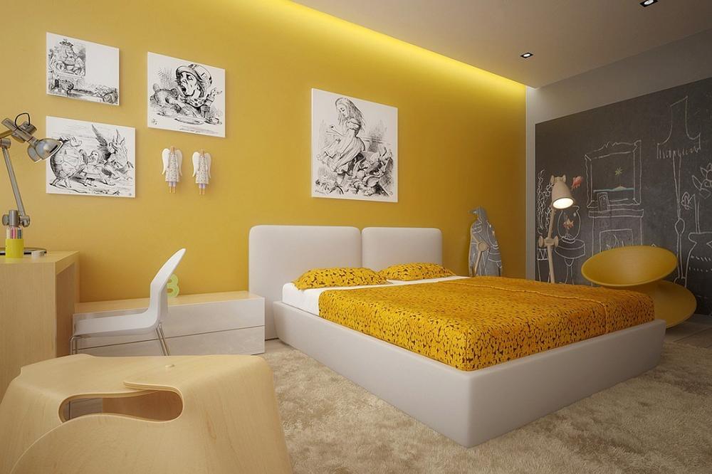 Nếu bức tường đen là chiếc bảng để bé thỏa sức sáng tạo thì bức tường vàng là nơi treo những bức tranh nghệ thuật Phòng của bé trở lên ấn tượng khi trang trí gam màu vàng