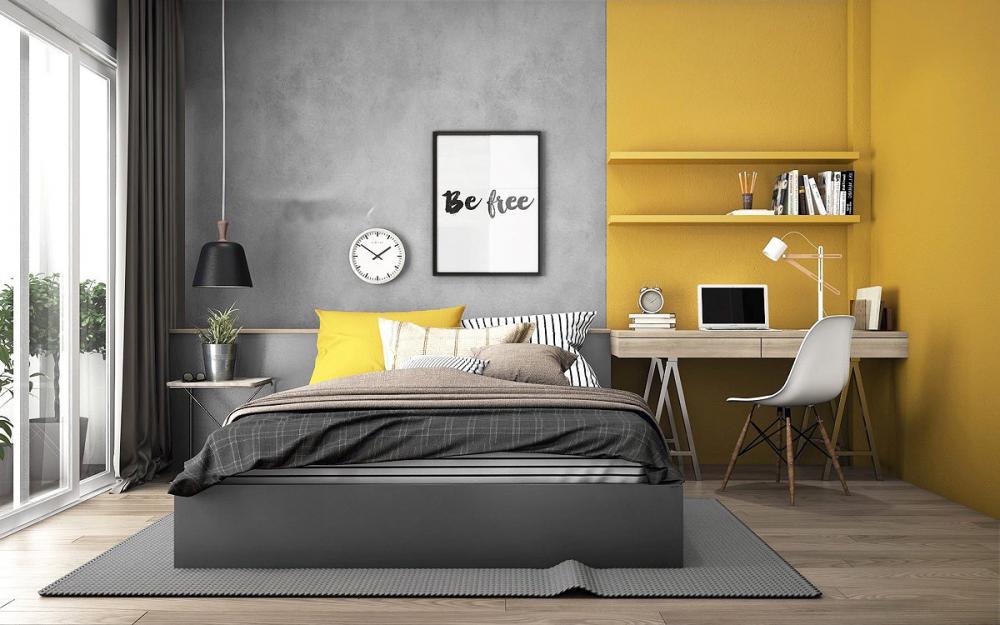 Bức tường sơn hai màu xám và vàng chia phòng ngủ thành hai phần Phòng của bé trở lên ấn tượng khi trang trí gam màu vàng